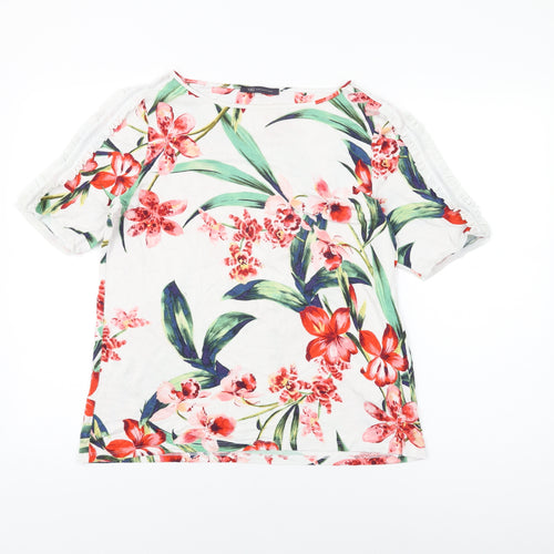 Marks and Spencer Womens White Floral Viscose Basic T-Shirt Size 14 Round Neck