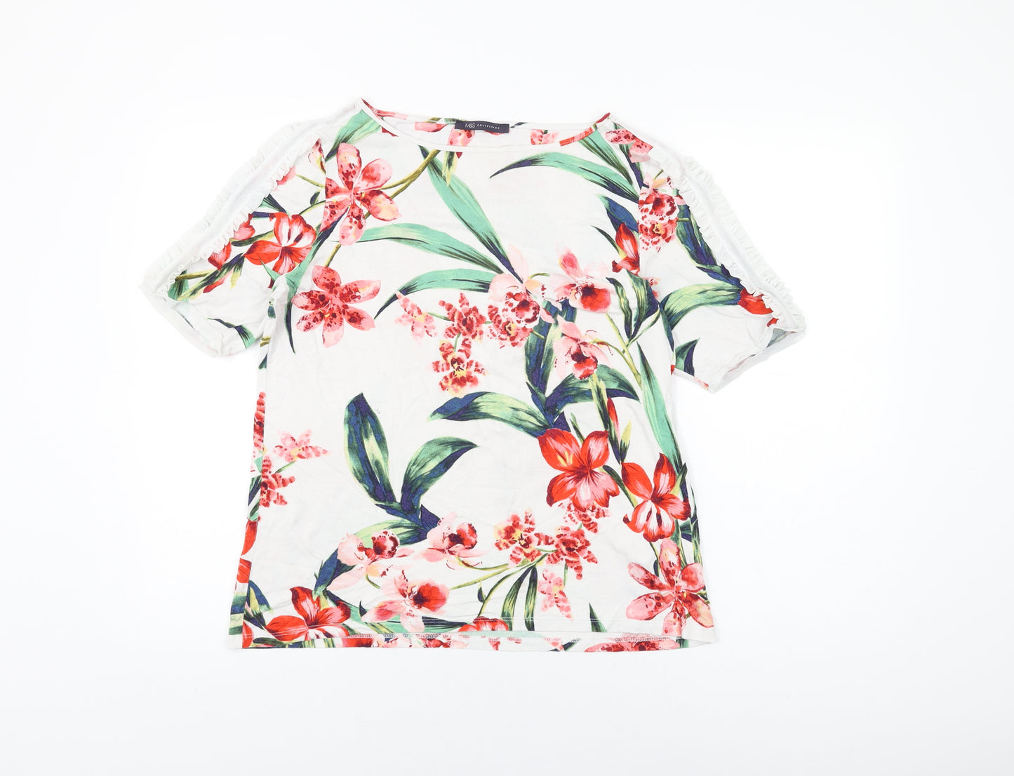 Marks and Spencer Womens White Floral Viscose Basic T-Shirt Size 14 Round Neck