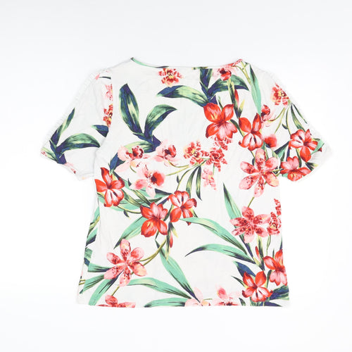 Marks and Spencer Womens White Floral Viscose Basic T-Shirt Size 14 Round Neck