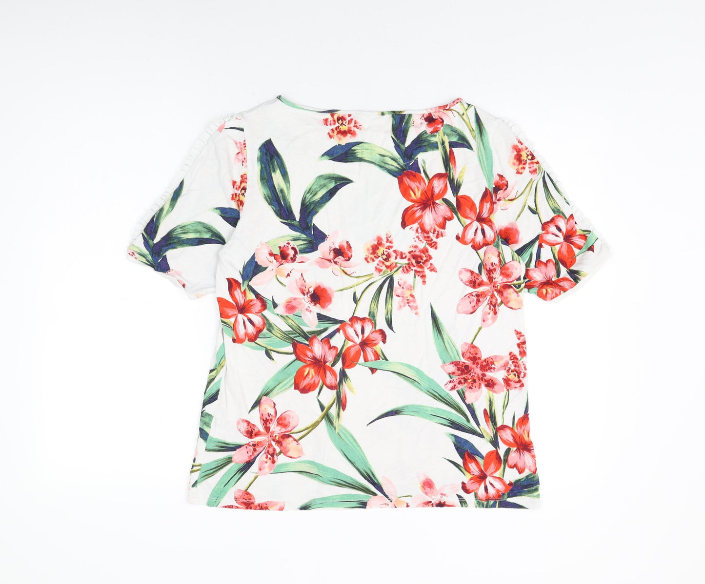 Marks and Spencer Womens White Floral Viscose Basic T-Shirt Size 14 Round Neck