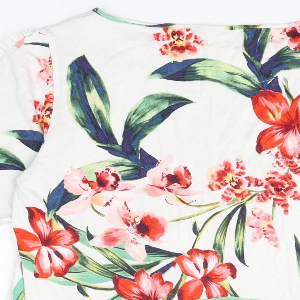 Marks and Spencer Womens White Floral Viscose Basic T-Shirt Size 14 Round Neck