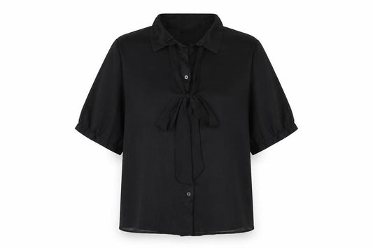 Front view of VILA women’s black polyester basic button-up, size UK 6, collared