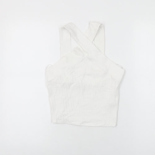 Zara Womens White Cotton Cropped T-Shirt Size M V-Neck
