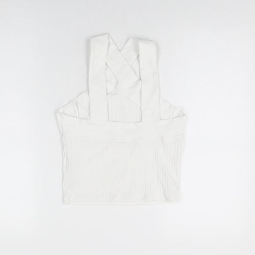 Zara Womens White Cotton Cropped T-Shirt Size M V-Neck