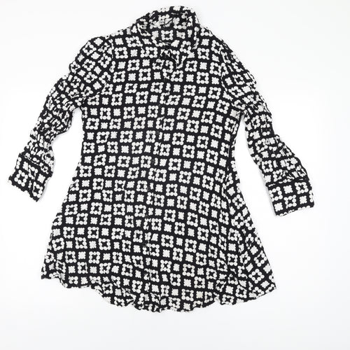 Zara Womens Black Geometric Viscose Basic Button-Up Size L Collared