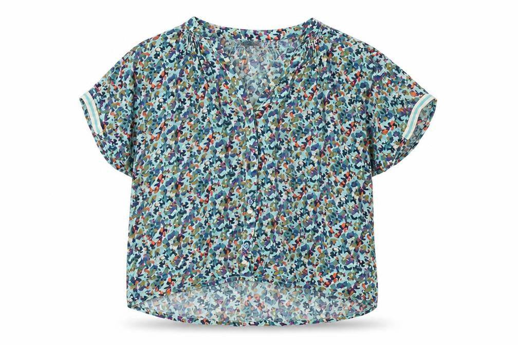 Front view of Miss women’s multicoloured geometric viscose basic t-shirt, size UK 10, v-neck