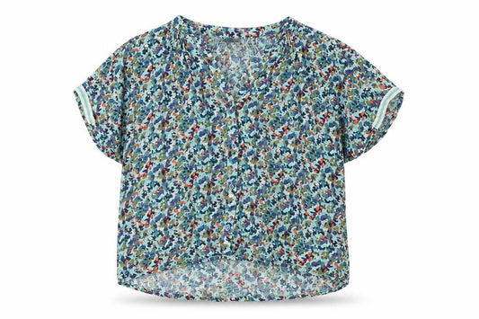 Front view of Miss women’s multicoloured geometric viscose basic t-shirt, size UK 10, v-neck
