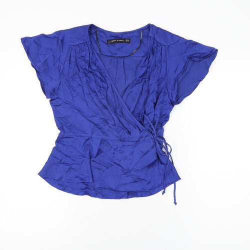 Zara Womens Blue Viscose Wrap Blouse Size M V-Neck