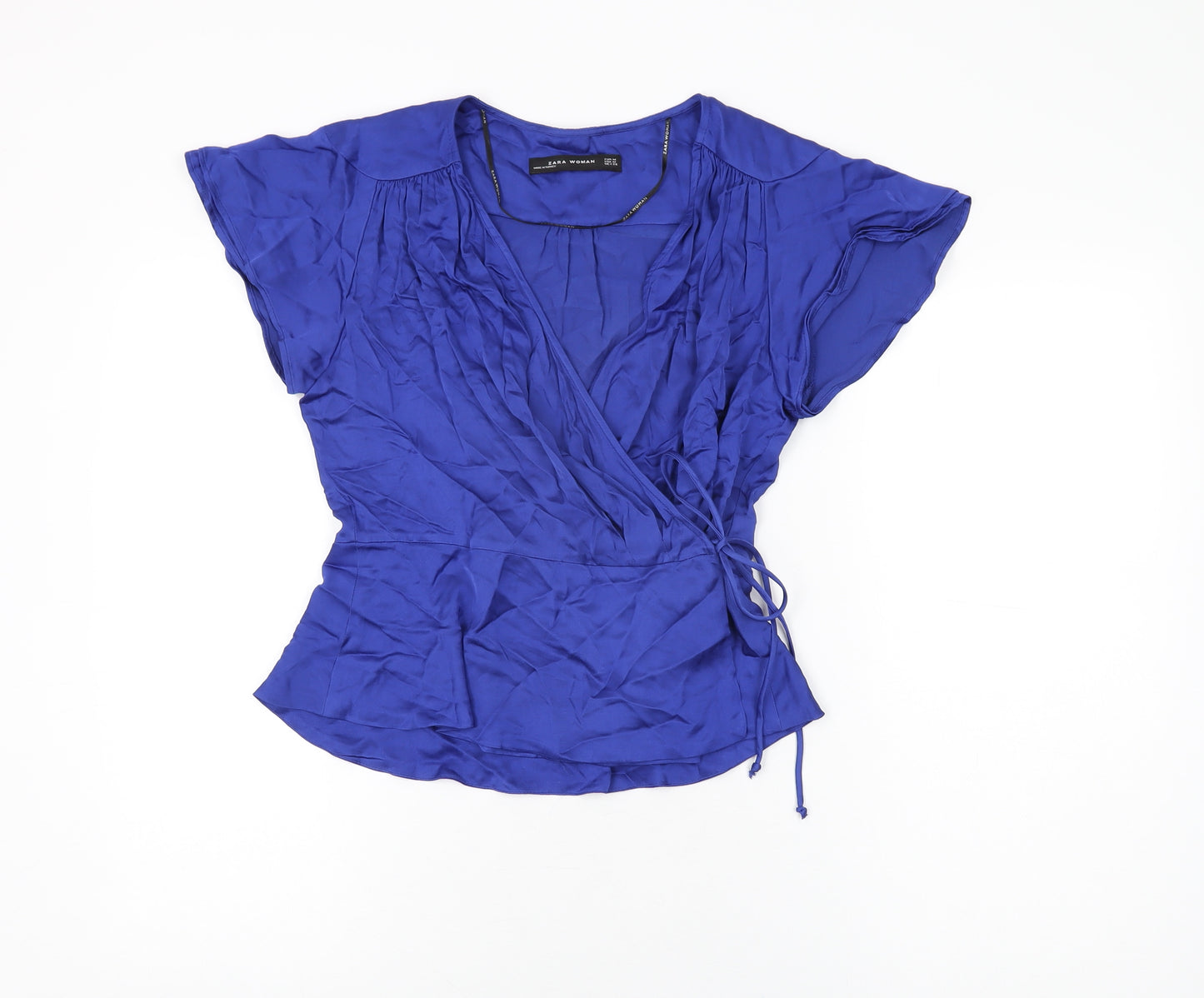 Zara Womens Blue Viscose Wrap Blouse Size M V-Neck