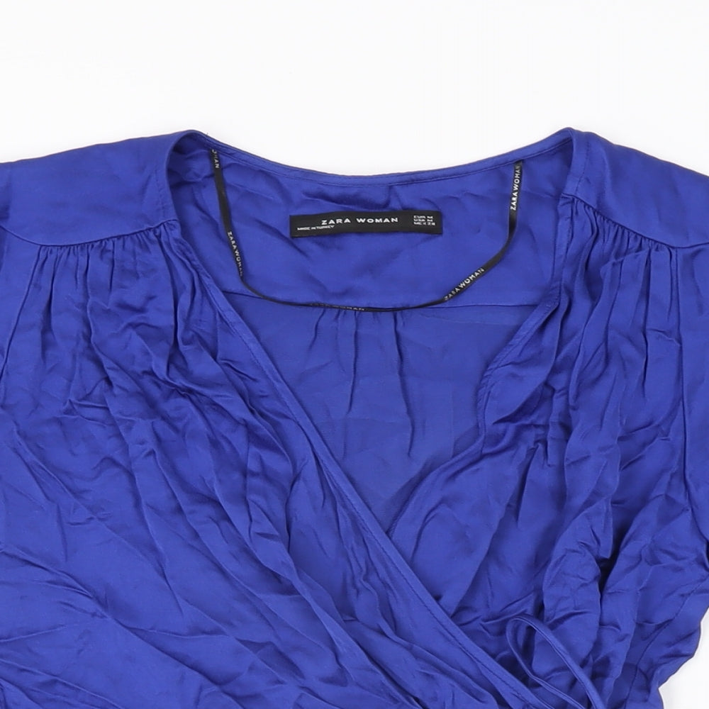 Zara Womens Blue Viscose Wrap Blouse Size M V-Neck