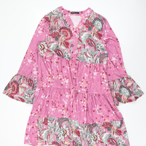 Noracora Womens Pink Floral Polyester Shift Size S V-Neck Button