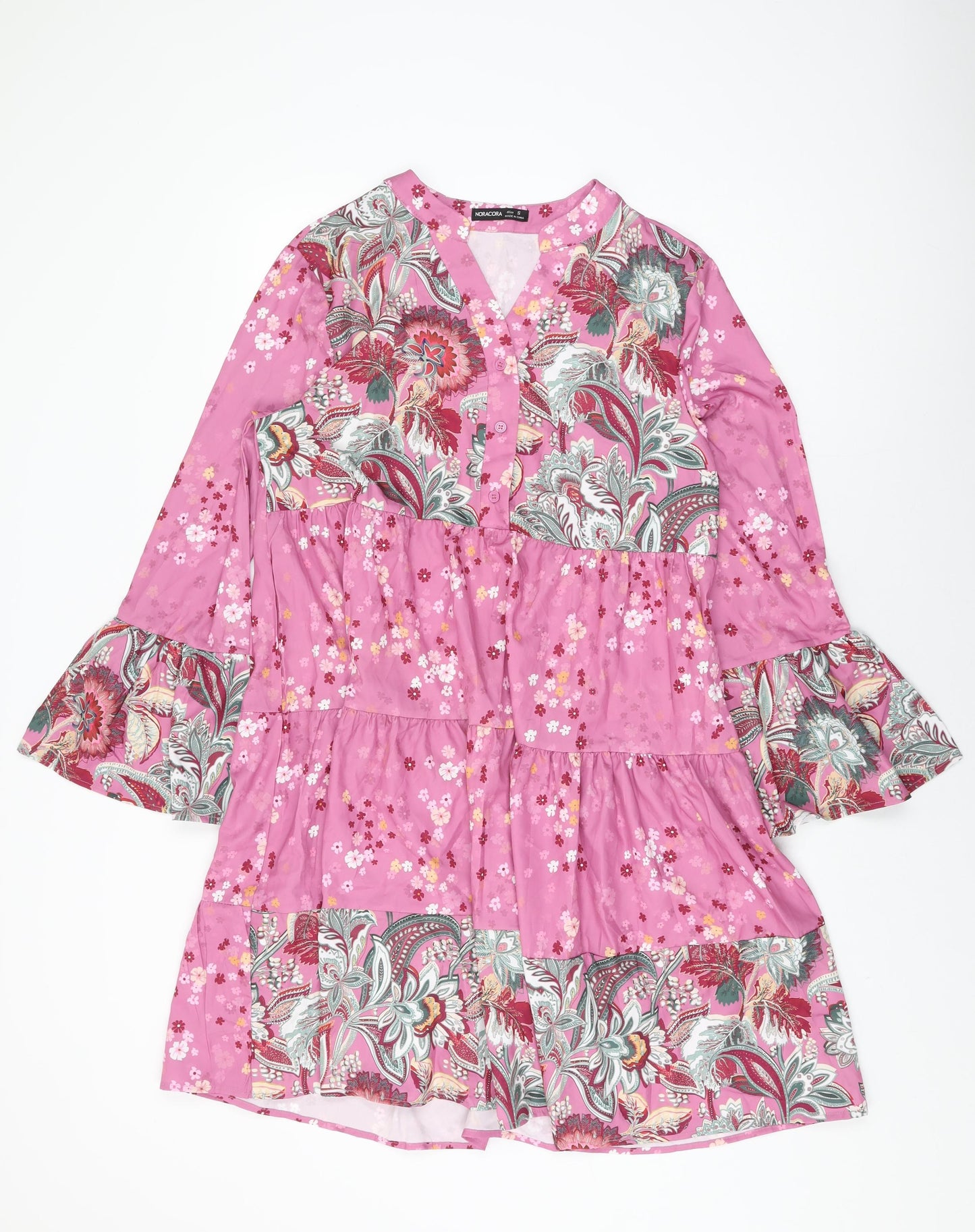 Noracora Womens Pink Floral Polyester Shift Size S V-Neck Button