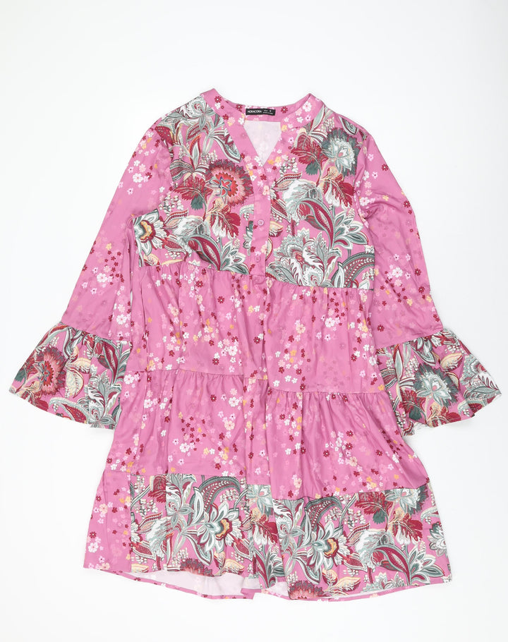 Noracora Womens Pink Floral Polyester Shift Size S V-Neck Button