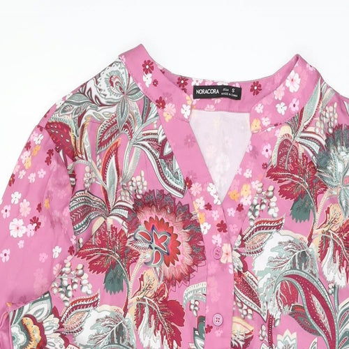 Noracora Womens Pink Floral Polyester Shift Size S V-Neck Button