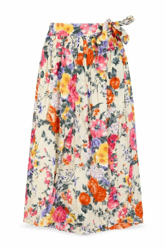 Front view of Jeffrey Rogers women’s beige floral cotton wrap skirt, size S, tie