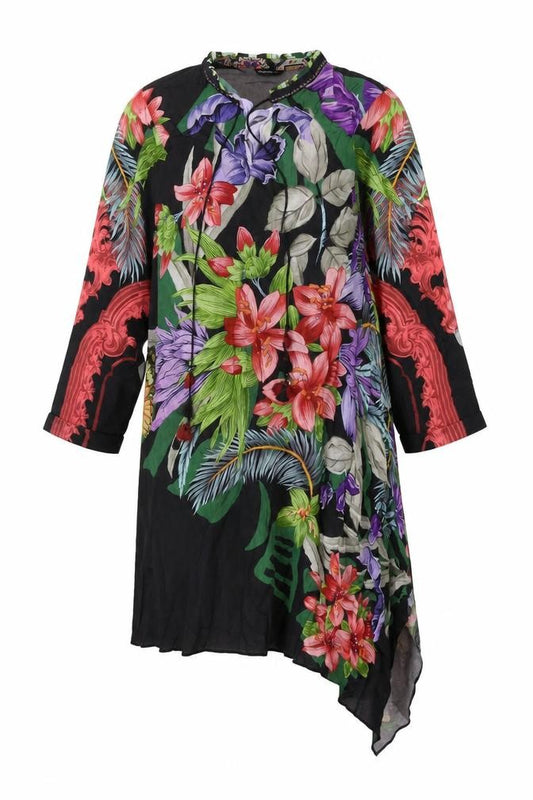 Front view of Sapphire women’s black floral viscose shift, size XS, v-neck pullover