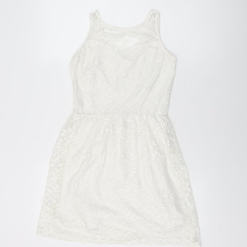 Dorothy Perkins Womens White Floral Polyester Skater Dress Size 8 Round Neck Pullover