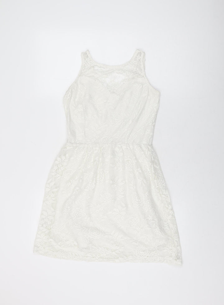 Dorothy Perkins Womens White Floral Polyester Skater Dress Size 8 Round Neck Pullover