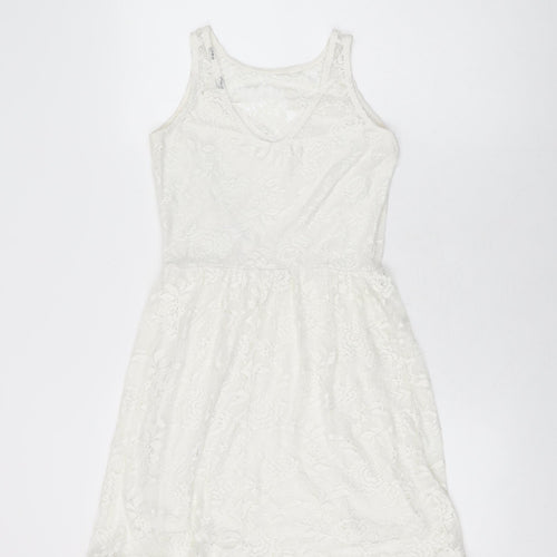 Dorothy Perkins Womens White Floral Polyester Skater Dress Size 8 Round Neck Pullover