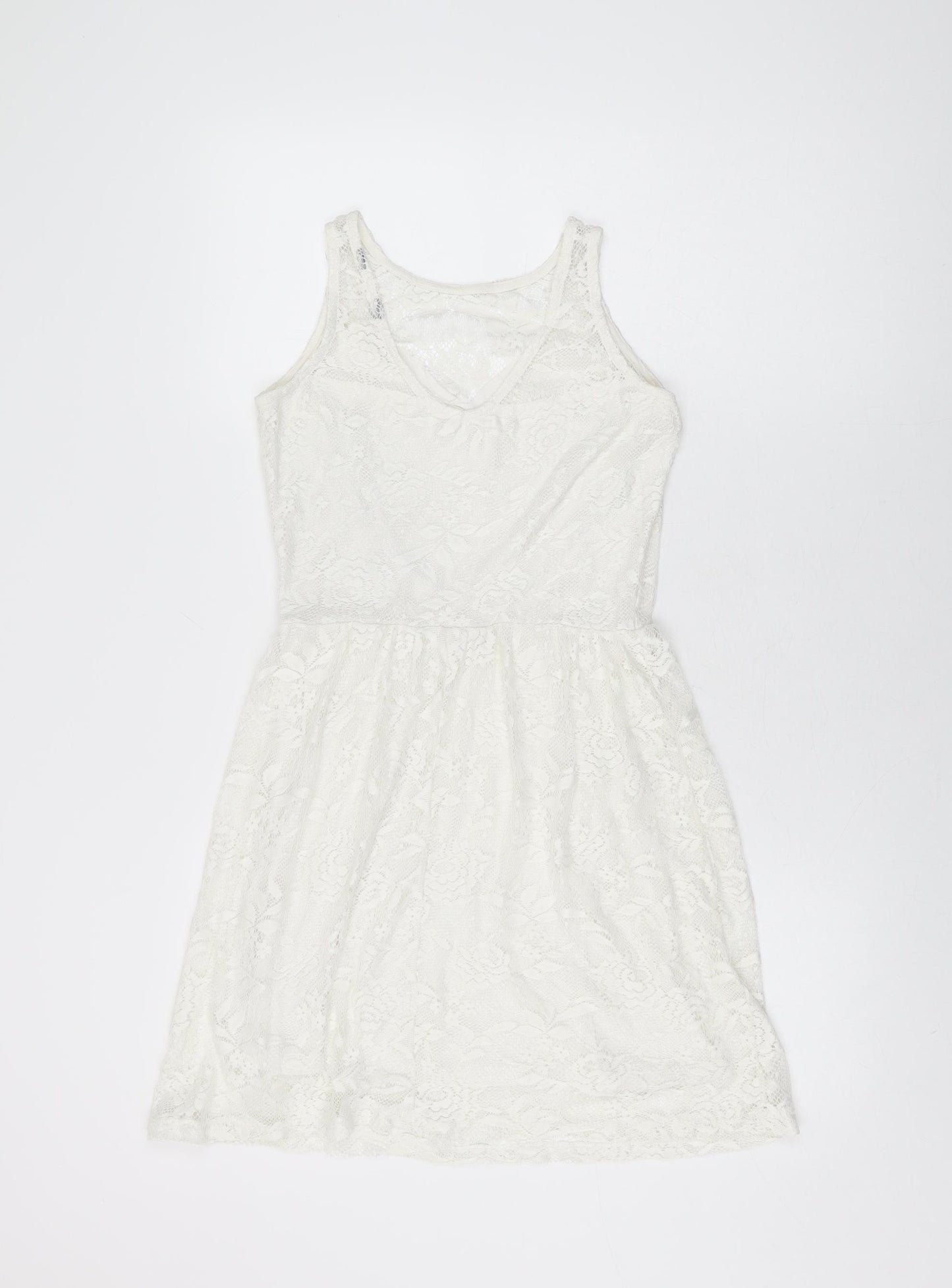 Dorothy Perkins Womens White Floral Polyester Skater Dress Size 8 Round Neck Pullover