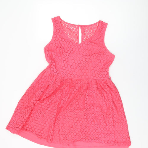 New Look Womens Pink Floral Cotton Skater Dress Size 14 V-Neck Zip