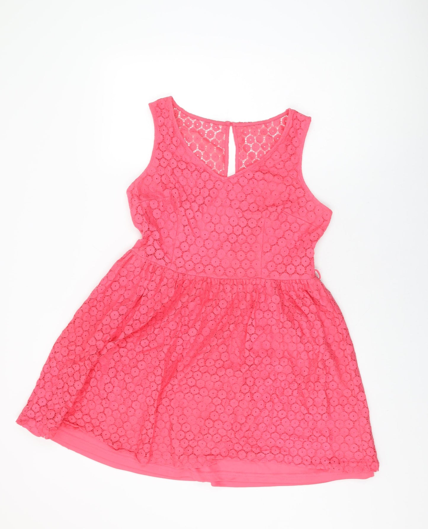 New Look Womens Pink Floral Cotton Skater Dress Size 14 V-Neck Zip