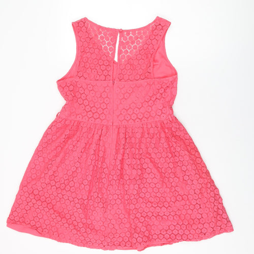 New Look Womens Pink Floral Cotton Skater Dress Size 14 V-Neck Zip