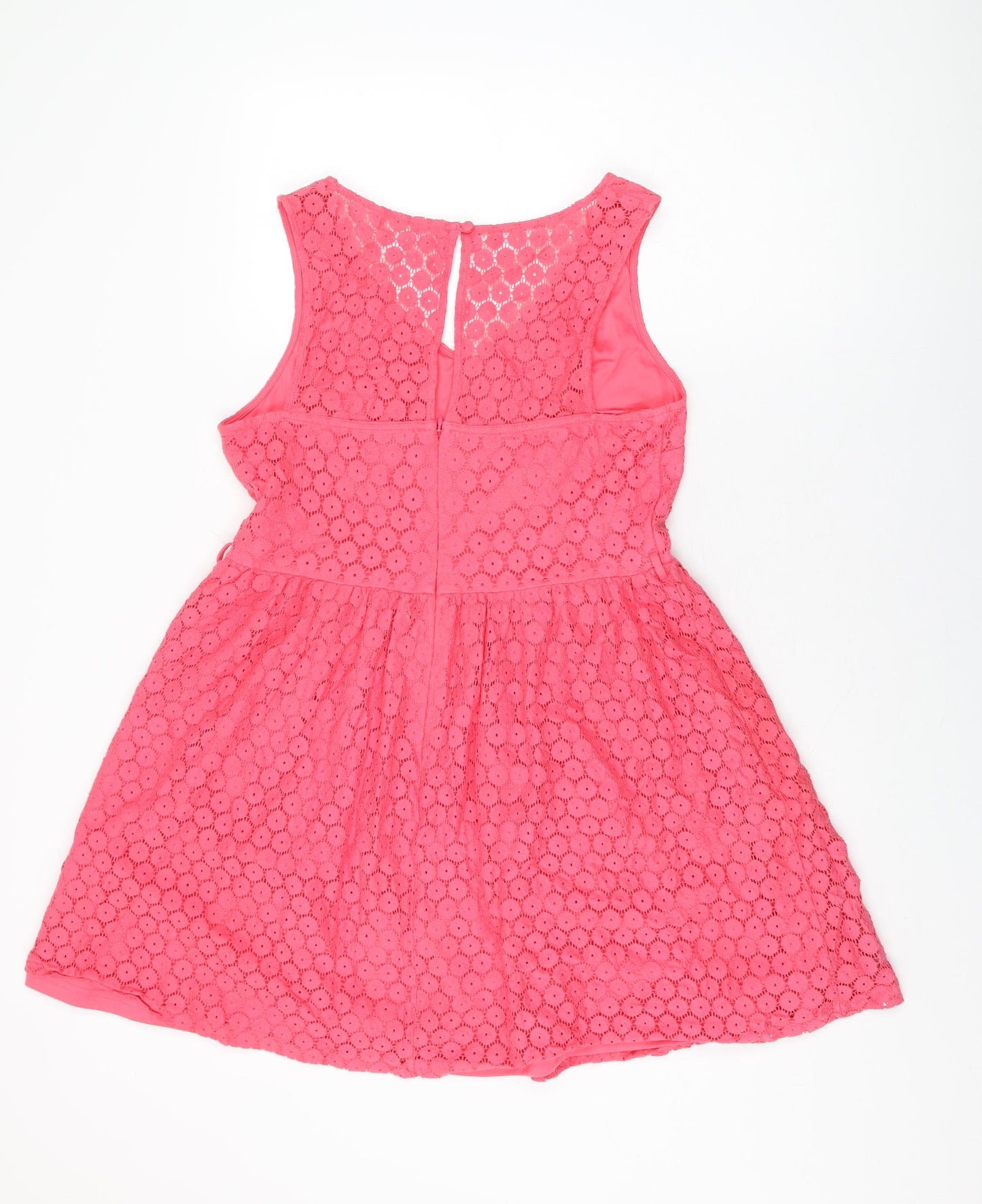 New Look Womens Pink Floral Cotton Skater Dress Size 14 V-Neck Zip