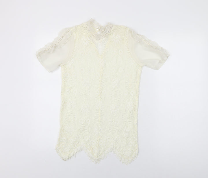 River Island Womens Ivory Floral Polyester Basic T-Shirt Size 6 Round Neck