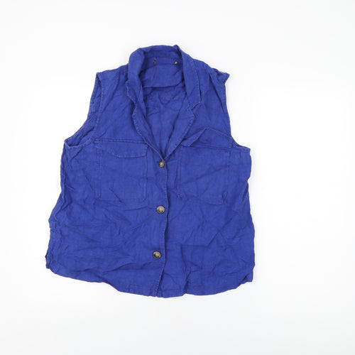 Marks and Spencer Womens Blue Linen Basic Button-Up Size 14 Collared