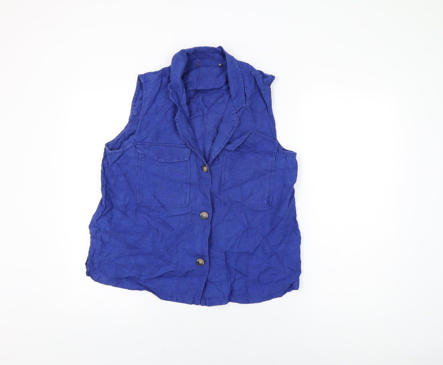 Marks and Spencer Womens Blue Linen Basic Button-Up Size 14 Collared