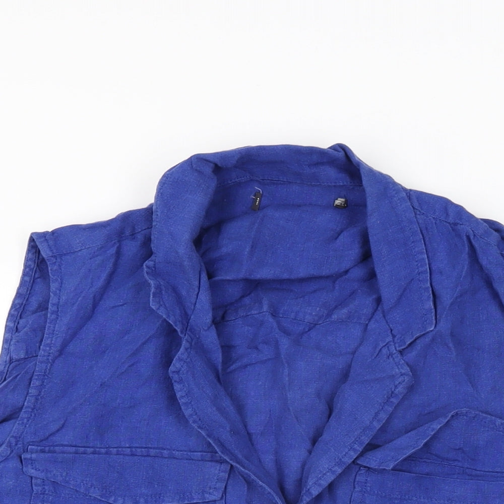 Marks and Spencer Womens Blue Linen Basic Button-Up Size 14 Collared