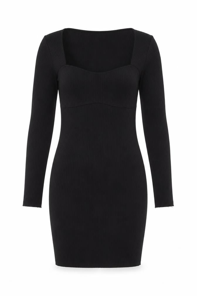 Front view of H&M women’s black polyester bodycon, size M, sweetheart pullover