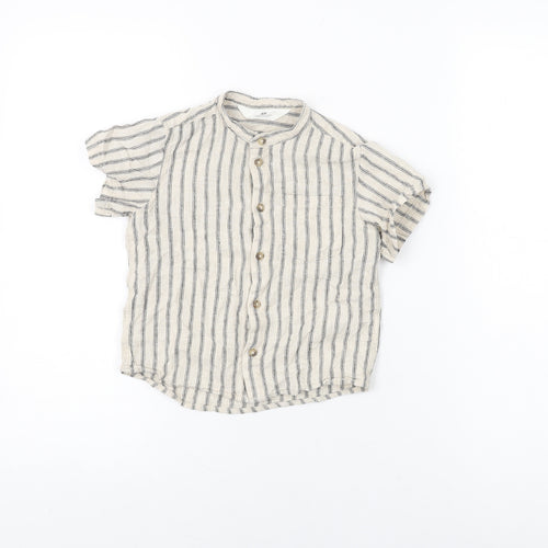 H&M Boys Beige Striped Linen Basic Button-Up Size 2-3 Years Round Neck Button