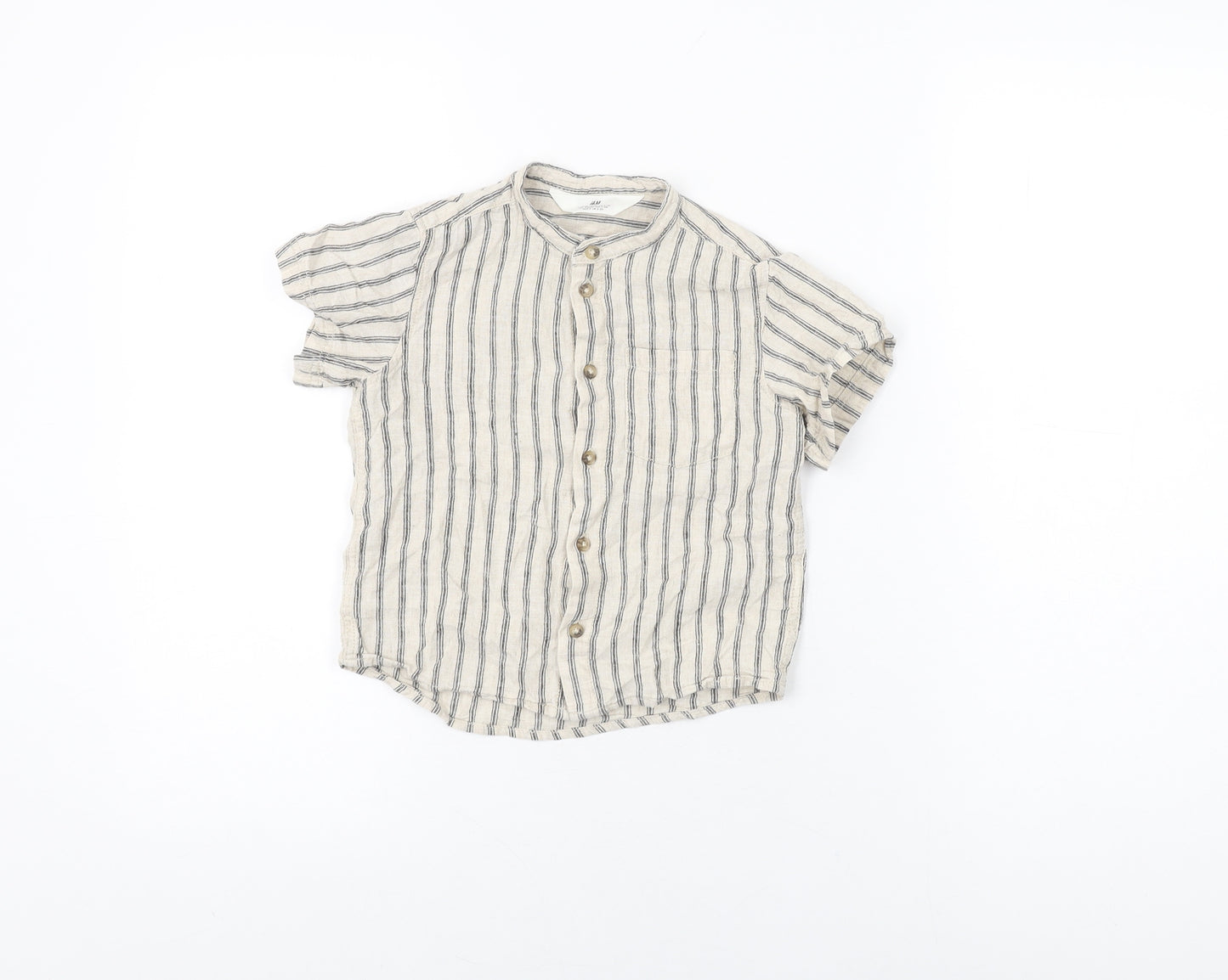 H&M Boys Beige Striped Linen Basic Button-Up Size 2-3 Years Round Neck Button