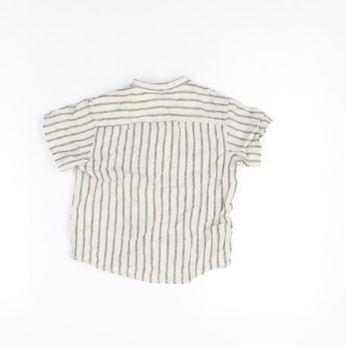 H&M Boys Beige Striped Linen Basic Button-Up Size 2-3 Years Round Neck Button