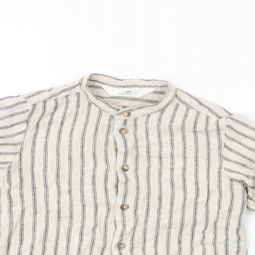 H&M Boys Beige Striped Linen Basic Button-Up Size 2-3 Years Round Neck Button