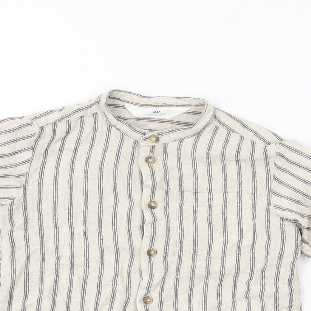 H&M Boys Beige Striped Linen Basic Button-Up Size 2-3 Years Round Neck Button