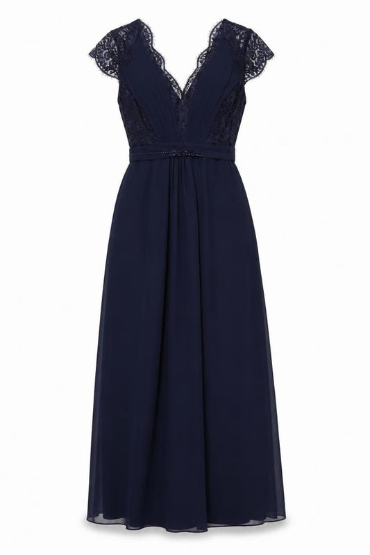 Front view of Monsoon women’s blue polyester maxi, size UK 8, v-neck zip