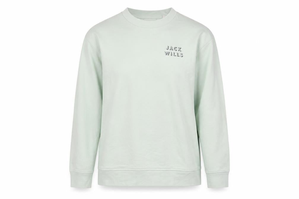 Front view of Jack Wills women’s green cotton pullover sweatshirt, size UK 12, pullover