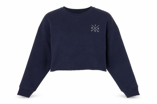 Front view of Bella + Canvas women’s blue cotton pullover sweatshirt, size M, pullover