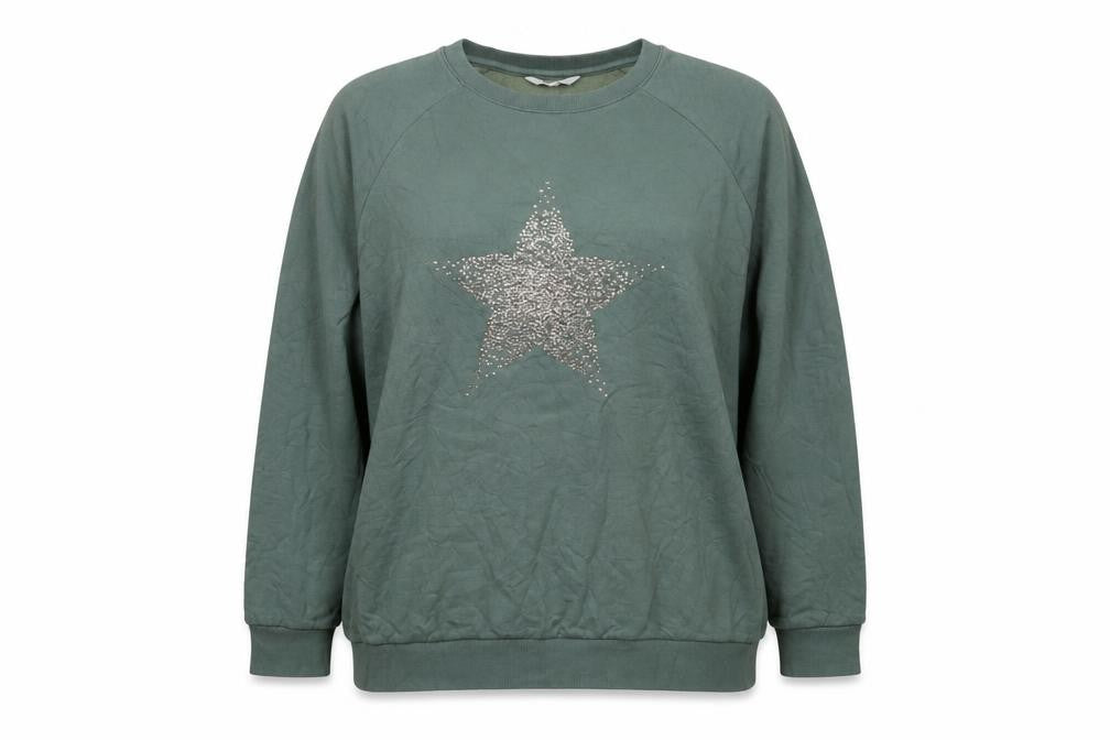 Front view of Next women’s green viscose pullover sweatshirt, size XL, pullover - studded, star