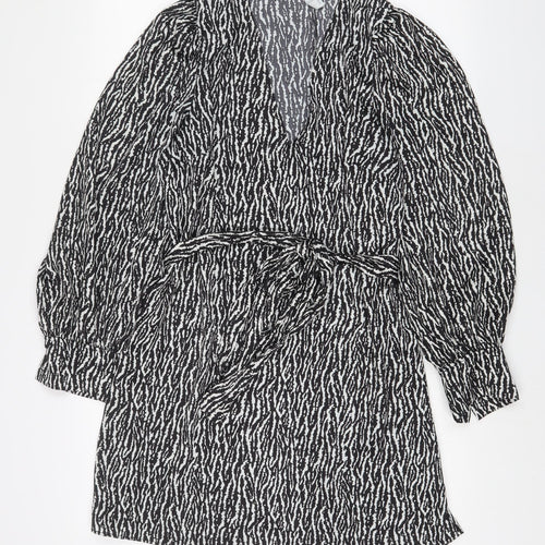 H&M Womens Black Animal Print Polyester A-Line Size M V-Neck Pullover - Belted