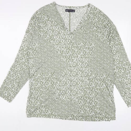 Marks and Spencer Womens Green Floral Linen Basic T-Shirt Size 10 V-Neck