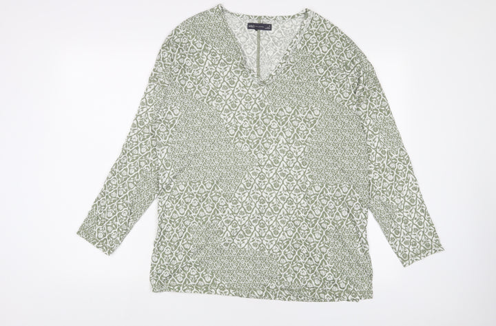 Marks and Spencer Womens Green Floral Linen Basic T-Shirt Size 10 V-Neck