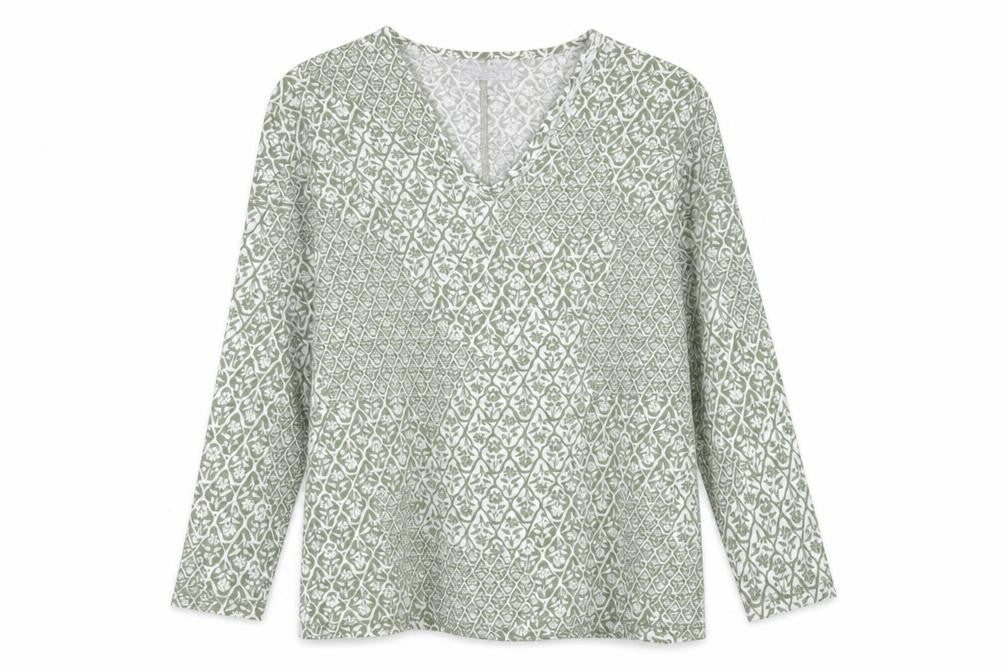 Marks and Spencer Womens Green Floral Linen Basic T-Shirt Size 10 V-Neck