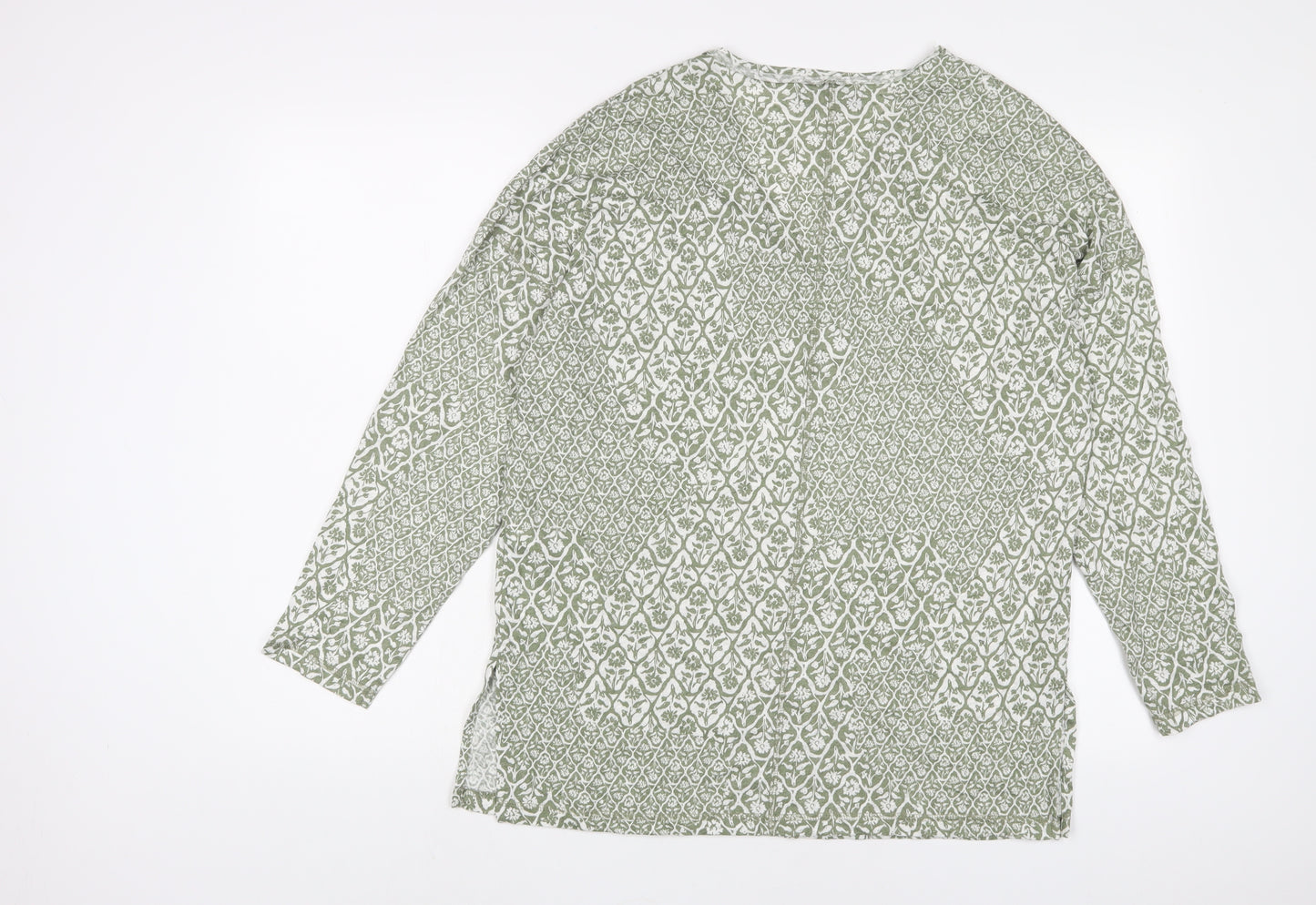 Marks and Spencer Womens Green Floral Linen Basic T-Shirt Size 10 V-Neck