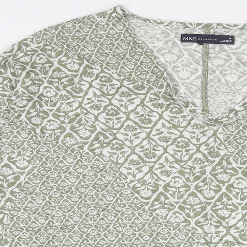 Marks and Spencer Womens Green Floral Linen Basic T-Shirt Size 10 V-Neck