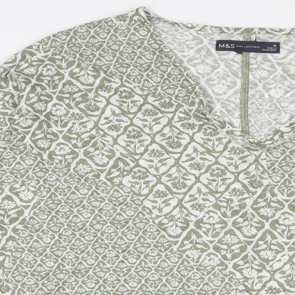 Marks and Spencer Womens Green Floral Linen Basic T-Shirt Size 10 V-Neck