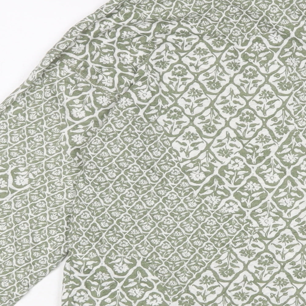 Marks and Spencer Womens Green Floral Linen Basic T-Shirt Size 10 V-Neck